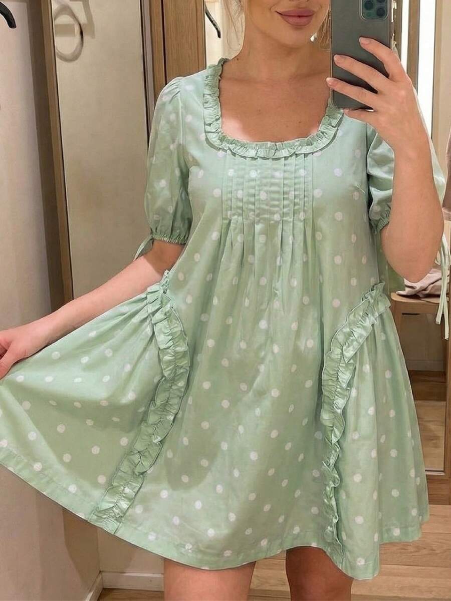 Women Short Puffy Sleeve Princess Tulle Dress Fluffy Mesh Fairy Mini Dress Bubble Sleeve Party Prom Dress - Green 2 - View 1