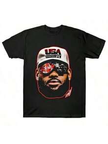 Camiseta James USA de Cara Grande 220g Algodón Puro Estampado Unilateral Cuello Redondo Manga Corta - Negro - Ver 1