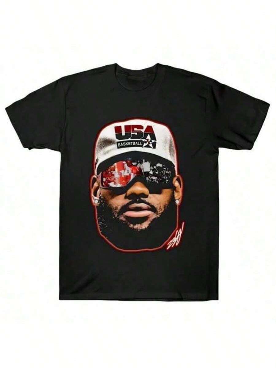 Camiseta James USA de Cara Grande 220g Algodón Puro Estampado Unilateral Cuello Redondo Manga Corta - Negro - Ver 1