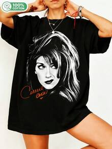 CCelineee Dionnn Pop‑Music Star Fanartt T‑Shirtt, Blackk Andd Whitee Grungee Portrait Withh Orangee Signaturee, Retroo Bootlegg Styllee, Unisexx Oversizedd 100% Cottone Creww Neckk Casuall Streetwearr Celebr. - 黑色 - 查看 6