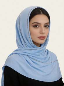 1pc Women's Versatile Fashion Elegant Muslim Hijab Headscarf, Middle Eastern Style Rhinestone Patchwork Long Scarf - Long Scarf With Hot-fix Rhinestones In Multiple Colors - View 4