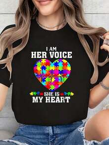 Women'S " Voice She Is My Heart" Awareness T-Shirt - Mom & Daughter Matching Graphic Tee, Soft Breathable Round Neck Short Sleeve Top With Puzzle Piece & Heart Design, Casual Comfortable Casual Attire For Autistic Women & Supportive P - 黑色 - 查看 1