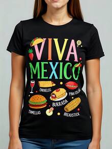 Women's Black T-Shirt, 180g Cotton, Round Neck, Viva Mexico Style, Casual With Food Print: Tacos, Tamales, And Fun Drinks For Parties And Gatherings. Celebrate Mexican Traditions In Summer And Day Of The Dead. Perfect For Any Occasion. - 黑色 - 查看 1