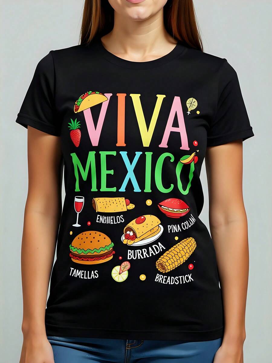 Women's Black T-Shirt, 180g Cotton, Round Neck, Viva Mexico Style, Casual With Food Print: Tacos, Tamales, And Fun Drinks For Parties And Gatherings. Celebrate Mexican Traditions In Summer And Day Of The Dead. Perfect For Any Occasion. - 黑色 - 查看 1