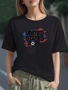 Bandera en trazos rojos azules y blancos con balón y texto United States 2026 que celebra la pasión por el fútbol y el espíritu deportivo camiseta de mujer 100% algodón cómoda y moderna - Negro - Ver 6