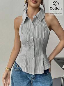 Top sin mangas a rayas, inspirado en el estilo bohemio, para uso de oficina, casual y de viaje, ideal para ir a la oficina, festivales y conciertos - Blanco y Negro - Ver 1