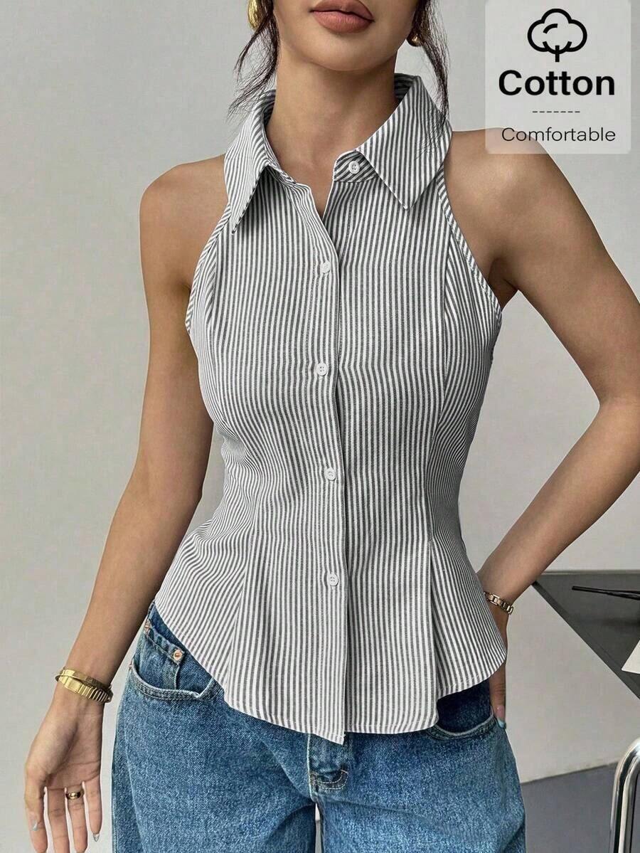 Top sin mangas a rayas, inspirado en el estilo bohemio, para uso de oficina, casual y de viaje, ideal para ir a la oficina, festivales y conciertos - Blanco y Negro - Ver 1