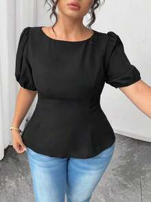 Blusa casual de manga corta con lazo y espalda abierta, unicolor, para mujer talla grande, verano - Negro - Ver 7