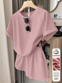 Conjunto de camiseta y pantalones cortos para mujer, diseño de patchwork de mezclilla vintage, top casual elegante para salidas de verano, estampado gráfico, versátil para uso diario, al aire libre, compras, viajes - Rosa vieja - Ver 7