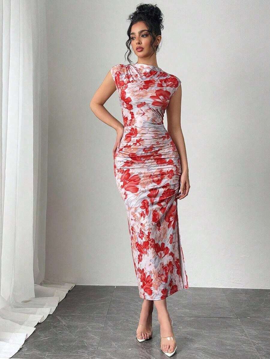 Vestido de verano midi de punto plisado con estampado floral de acuarela y abertura lateral, elegante para vacaciones y uso diario - Rojo - Ver 1