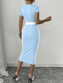 Vestido ajustado de cuello cuadrado con bloques de color para mujer - Celeste - Ver 2