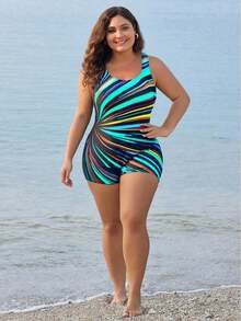 Traje de baño de una pieza con estampado sin mangas para mujer de talla grande, traje de baño casual para vacaciones - Verde - Ver 5
