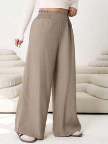 2026 Primavera/Verano Nuevos pantalones casuales para uso diario, fiestas, ir al trabajo, volver al colegio, citas, en casa, fiestas de cumpleaños, para múltiples ocasiones, con cintura elástica holgada, pernera ancha, color beige, talla grande - Caqui - Ver 3