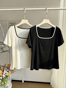 Set de 2 camisetas casuales de mujer con cuello cuadrado y manga corta, ajustadas y sexys, adecuadas para el verano - Blanco y Negro 2 - Ver 3
