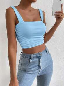 Top Cami Ajustado de Pliegues unicolor y Corto para el Verano - Celeste - Ver 5
