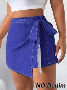 Falda pantalón informal de aspecto de mezclilla con doblez asimétrico y nudo lateral para mujer talla grande - Azul marino - Ver 5