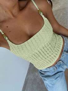 de tirantes ajustada de unicolor casual para mujer Vaiaye, con decoración de concha, textura de jacquard, adecuada para la playa, el Día de San Patricio y el trayecto al trabajo en verano - Verde - Ver 4