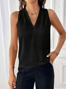 Blusas de mujer para el trabajo, de un solo color, de escote en V y sin mangas. - Negro - Ver 5
