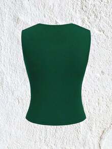 Blusa sencilla sin mangas con cuello cuadrado y fruncido, de color rojo, de estilo casual - Verde - Ver 2