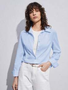 de mujer de manga larga con cuello vuelto, estilo urbano básico para ir al trabajo, conjunto de negocios casual elegante y minimalista, adecuado para maestras y oficina, otoño - Azul - Ver 7