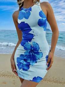 Vestido de verano para mujer de corte ajustado hasta la pantorrilla, sin mangas, con estampado floral rosado en todo el diseño, de estilo casual y minimalista - Multicolor 8 - Ver 4