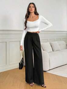 Tall Pantalones anchos de cintura alta de unicolor y versátiles, pantalones de cintura alta de estilo casual de otoño e invierno, pantalones negros de mujer, pantalones negros de vestir de pierna ancha, pantalones negros casuales, pantalones de esti - Negro - Ver 3