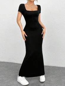 Vestidos De Verano, Vestido Ajustado Con Vuelo En La Parte Inferior Y Cuello Cuadrado - Negro - Ver 3