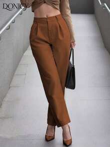Pantalones rectos de cintura alta de unicolor para mujer, con pliegues, suaves y cómodos, versátiles y elegantes para uso casual urbano, adecuados para uso diario casual, citas, fiestas, San Valentín, carnaval y oficina - Marrón Mocha - Ver 8