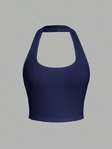 Camiseta de tirantes de ajuste ceñido con cuello halter, color liso y corta, de estilo minimalista y casual para mujer, de verano - Azul marino - Ver 1