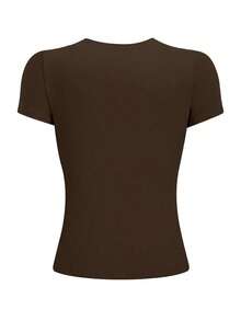 Camiseta casual de manga corta y cuello redondo ajustada para mujer, color café - Café integral - Ver 2