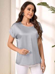 Blusa suelta elegante de verano para mujer con cuello redondo, mangas cortas tipo murciélago y unicolor - Blusas de manga corta - Gris Claro - Ver 6