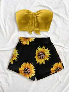 Conjunto de 2 piezas con estampado de árbol de coco y flor de diosa del sol para vacaciones en la isla, adecuado para vacaciones, verano, elegante - Multicolor 5 - Ver 5