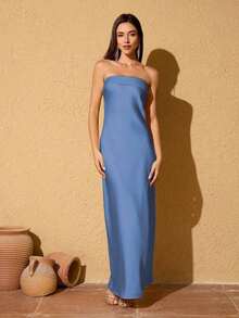 Vestido formal de satén sólido, vestido de cóctel elegante, vestido de fiesta de graduación, vestido de invitada de boda para primavera - Niebla azul - Ver 2