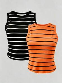 Conjunto de 2 piezas de camiseta de tirantes a rayas negras y blancas para mujer - Multicolor 3 - Ver 3