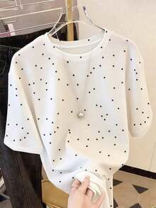 Camiseta de manga corta y cuello redondo con estampado de lunares aleatorios, un gran regalo para amigos - Blanco - Ver 5