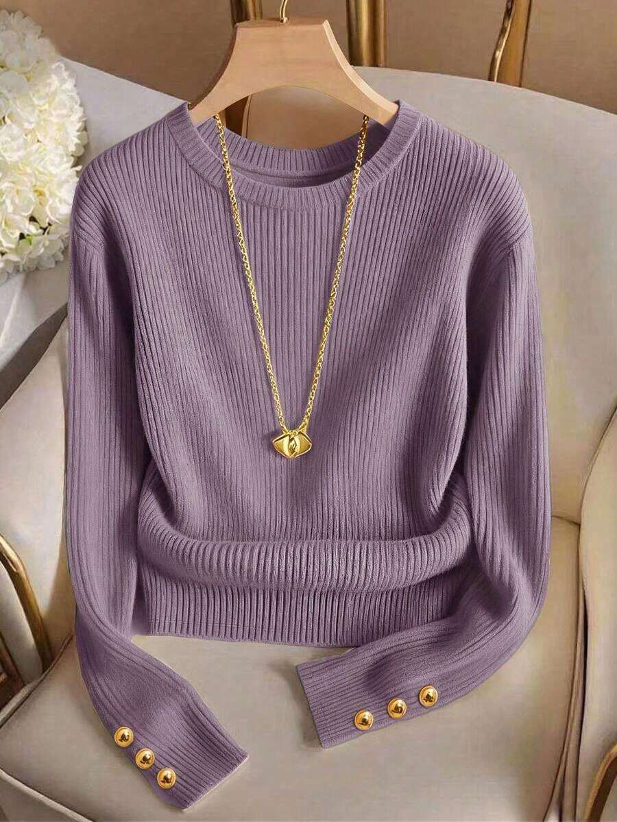 Elegante camiseta de punto de cuello redondo, top de punto minimalista de moda, otoño/invierno - Púrpura malva - Ver 1