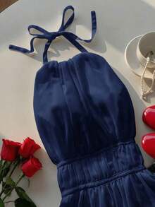 Camiseta sin espalda con cuello halter y espalda con lazo fruncido - Azul marino - Ver 5
