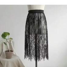 Elegant Black Skirt In 2 Lengths, Long Sheer Tulle Skirt With White Lace, High-Waisted Elastic Midi Beach Skirt, Drop Shipping - 黑色 60厘米 - 查看 1