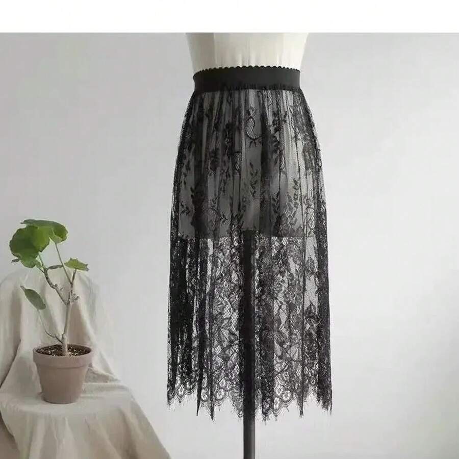 Elegant Black Skirt In 2 Lengths, Long Sheer Tulle Skirt With White Lace, High-Waisted Elastic Midi Beach Skirt, Drop Shipping - 黑色 60厘米 - 查看 1
