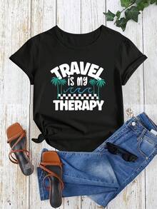 Camiseta Casual de Verano Holgada con Estampado "Viajar es Mi Relajación - Negro - Ver 2