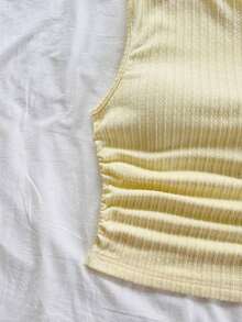 Blusa ajustada de cuello asimétrico con volantes y lazada, en color amarillo pálido, apta para fiesta, vacaciones, festival de música, estilo bohemio, citas y té de la tarde - Amarillo - Ver 7