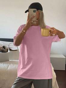 Women's Loose-Fitting, Long-Sleeved, Round-Neck, Solid-Color T-Shirt For Summer - Rose - View 3