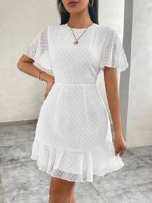 Vestido de gasa de lunares para el Día de San Valentín para mujeres con mangas con volantes y dobladillo acampanado - Blanco - Ver 4