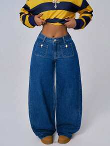 ALO FASHION Elegant Boho Style Women's Denim Wide Leg Jeans High Wash Finish Stretch Casual Long Pants - 寶藍色 - 查看 1