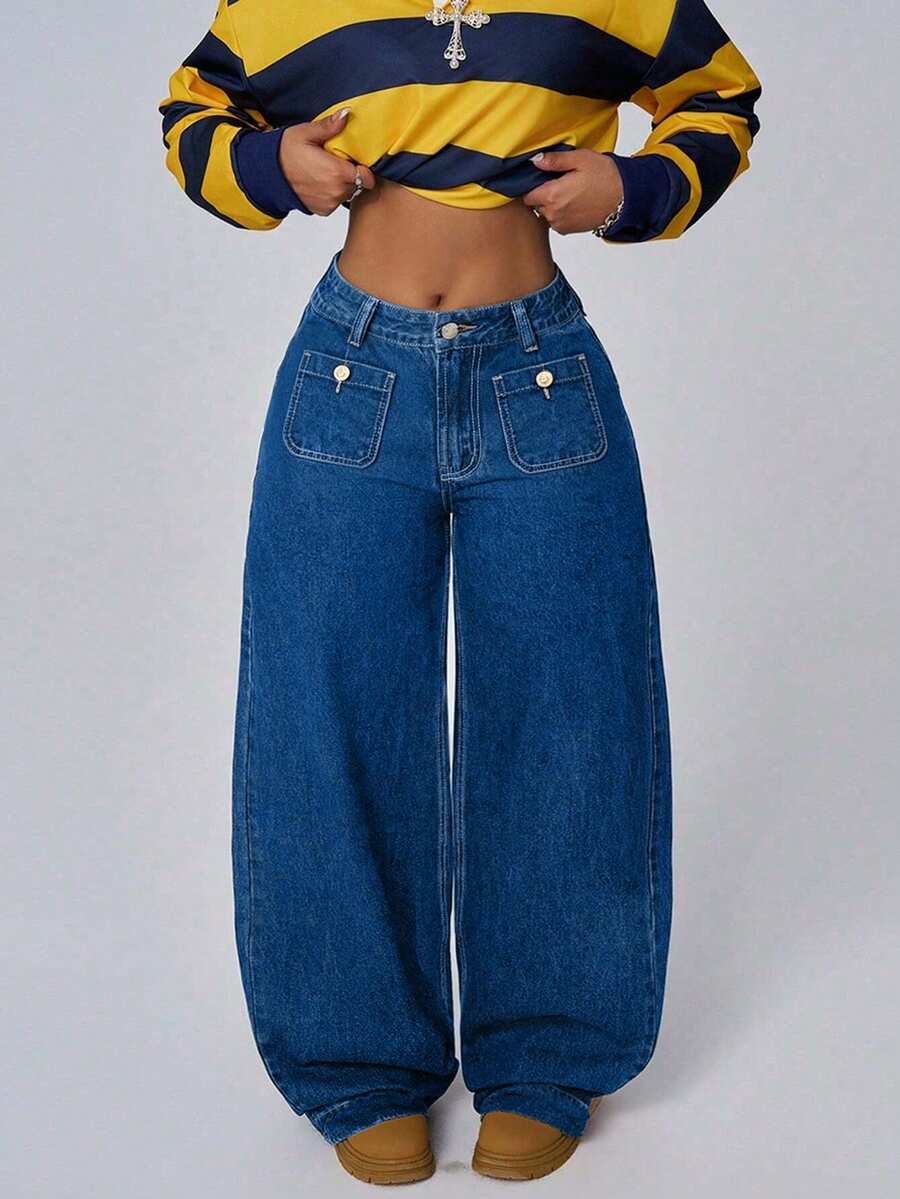 ALO FASHION Elegant Boho Style Women's Denim Wide Leg Jeans High Wash Finish Stretch Casual Long Pants - 寶藍色 - 查看 1