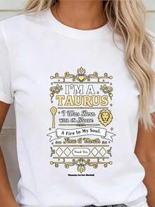 Women's Round Neck T-Shirt With Vintage Zodiac Design, Loose Fit, Made Of Pure Cotton, Modern And Versatile, With A Soft And Comfortable Fabric, Suitable For Everyday Wear And As A Holiday Gift, With An Astrological Theme Of Taurus, Eye-Catching Text And Decorative Details, Perfect For Spring And Summer. - 白色 - 查看 4