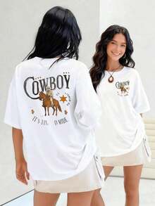 Cowboy Riding A Horse, With A Sheriff's Star, Women's T-Shirt, 100% Cotton, Shows The Spirit Of The American West Reflected In His Clothing And Surroundings. Suitable For Spring, Summer And Autumn - 白色 - 查看 7