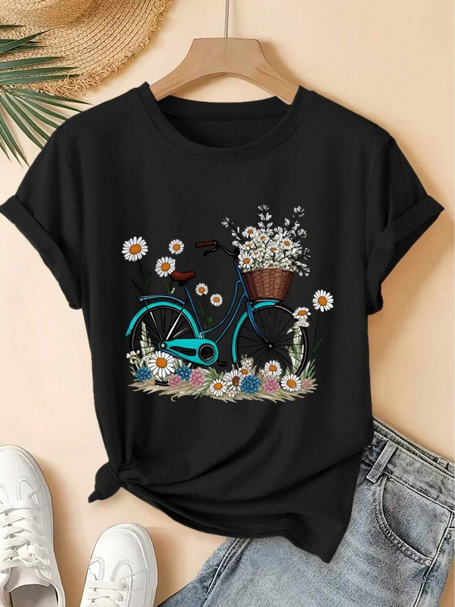 Short-Sleeved T-Shirt With Floral Print Of Daisies And Vintage Bicycle, Retro Round Neck, Cool Forest Style, Loose Fit, Spring-Summer 2026, Elegant For Parties, Versatile Fashion For Everyday Wear, Women's Clothing. - 黑色 - 查看 1