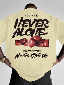 "NEVER ALONE" T-Shirt With Boxing Glove Print, Men's Crew Neck And Loose Fit In Breathable Polyester - 杏 - 查看 7