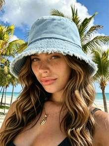 1 pieza Sombrero de cubo de mezclilla para mujer, diseño clásico lavado y con bordes desgastados para primavera y verano, protección solar, adecuado para uso al aire libre y en la playa - Multicolor - Ver 1
